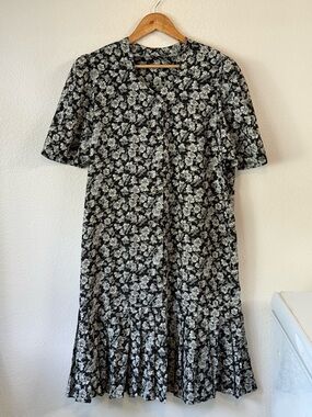 Vintage 80s Floral Button-Up Front Midi Dress Sz Blk Grey Size M/L Shoulder Pads
